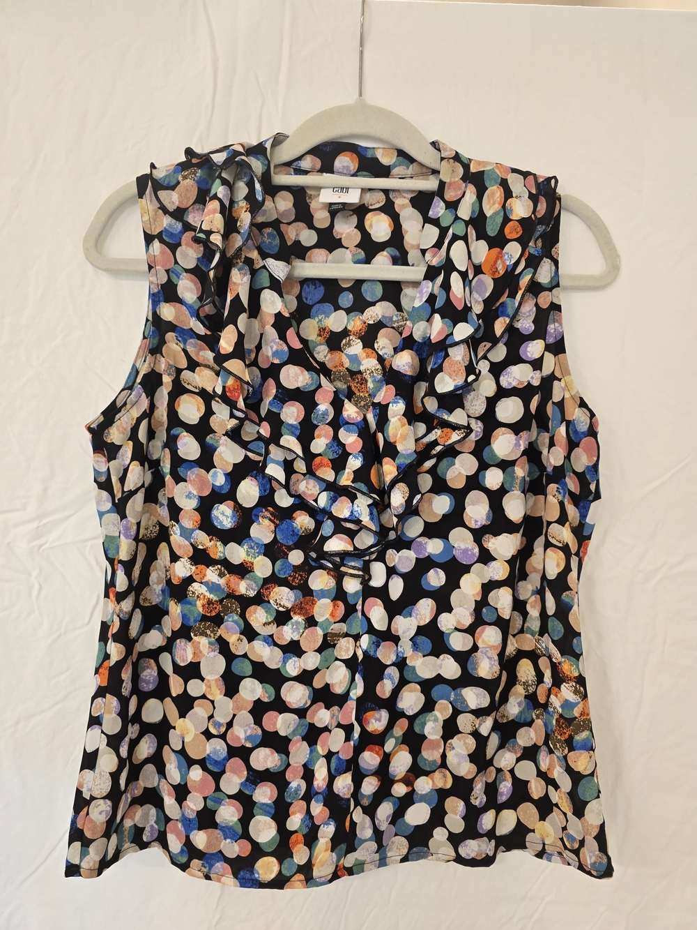 CAbi Black Multicolor Polka Dot Ruffle V-Neck Camisole